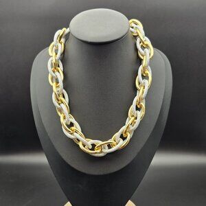 Silver and Gold Tone Twisted Large Oval Link Necklace 17" - 20" Long